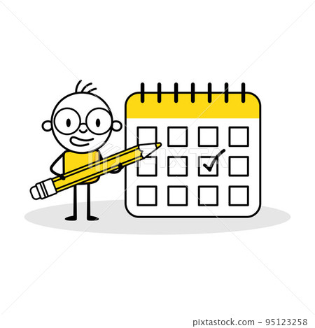 Man check calendar. Male character with pencil. Concept mark on the calendar, work month projects planner and check events calendars. Vector stock illustration isolated on white background 95123258