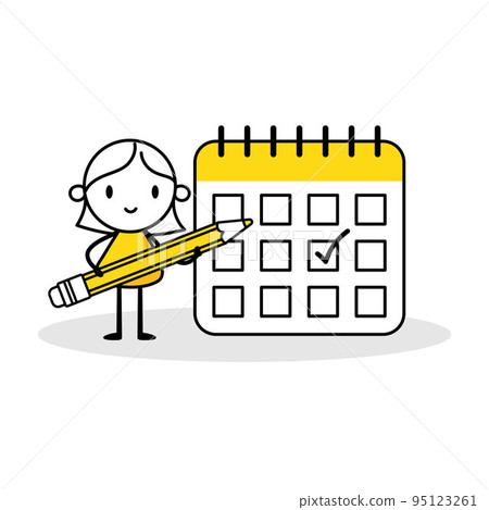 Woman check calendar. Female character with pencil. Concept mark on the calendar, work month projects planner and check events calendars. Vector stock illustration isolated on white background Woman check calendar. Female character with pencil. Concept mark on the calendar, work month projects planner and check events calendars. Vector stock illustration isolated on white background 95123261