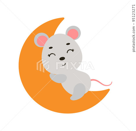 Cute little mouse sleeping on moon. Cartoon animal character for kids t-shirt, nursery decoration, baby shower, greeting cards, invitations, house interior. Vector stock illustration Cute little mouse sleeping on moon. Cartoon animal character for kids t-shirt, nursery decoration, baby shower, greeting cards, invitations, house interior. Vector stock illustration 95123271