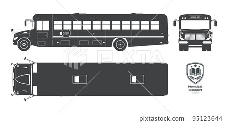 Isolated school bus black silhouette. Blueprint of municipal transport. Top, side, front vehicle view. Academy lorry drawing. Industrial clipart 95123644