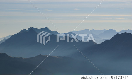 Outlines of Mount Brienzer Rothorn and other mountains seen from Mount Niederhorn, Switzerland. Outlines of Mount Brienzer Rothorn and other mountains seen from Mount Niederhorn, Switzerland. 95123715