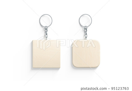 Blank wooden square tag on chain mockup, top view 95123763