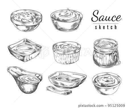Various sauces in bowls, hand drawn sketch vector illustration isolated on white background. 95125009