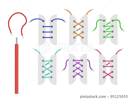Tying shoelaces on sports shoes, realistic vector illustrations set isolated. Tying shoelaces on sports shoes, realistic vector illustrations set isolated. 95125035