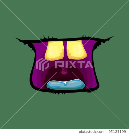 Vector cartoon funny zombie monster open mouth with rotten teeth isolated on green background. Vector Halloween greeting card with funne green monster mouth. Cartoon vampire and witch fangs 95125199