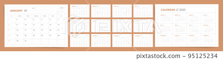 Set of 2023 Calendar planner template with place for notes. Vector layout business calendar. Week starts Sunday. Calendar grid in brown and white colors for print. 95125234