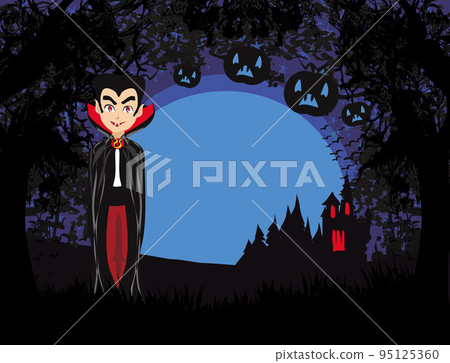 Cartoon Vampire with a haunted castle during the full moon, card with space for text Cartoon Vampire with a haunted castle during the full moon, card with space for text 95125360