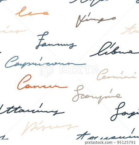 Hand drawn vector stock abstract flat graphic illustration with handwritten lettering zodiac signs astrological contemporary seamless pattern with ,clipart artistic bohemian design. 95125791