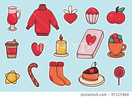 Hand drawn set of winter cozy stickers Hand drawn set of winter cozy stickers 95125968