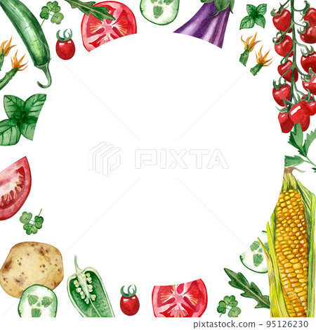 A frame for a round sawn-off of seasonal colored vegetables corn hand-painted in watercolor on a white background. Suitable for menu design, printing on fabric and tableware, scrapbooking. A frame for a round sawn-off of seasonal colored vegetables corn hand-painted in watercolor on a white background. Suitable for menu design, printing on fabric and tableware, scrapbooking. 95126230