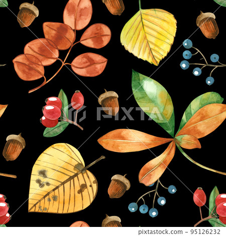 Seamless pattern of watercolor autumn leaves on a white background. Hand-painted in watercolor on a dark background. Suitable for printing on fabric, paper, invitations Seamless pattern of watercolor autumn leaves on a white background. Hand-painted in watercolor on a dark background. Suitable for printing on fabric, paper, invitations 95126232