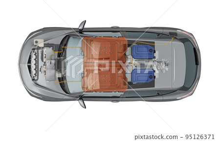 Electric car technical cutaway 3d rendering. Top view. Electric car technical cutaway 3d rendering. Top view. 95126371
