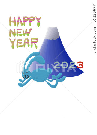 New Year's card illustration of a blue rabbit running at the foot of Mt. Fuji 95126677