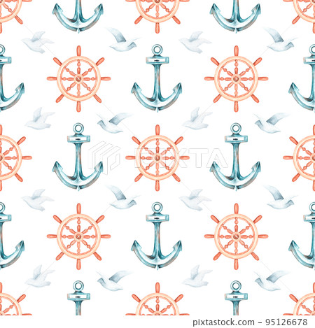 Marine seamless pattern. Anchor and rudder. Watercolor illustration. Isolated on a white background. Marine seamless pattern. Anchor and rudder. Watercolor illustration. Isolated on a white background. 95126678