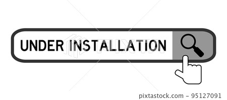 Search banner in word under installation with hand over magnifier icon on white background Search banner in word under installation with hand over magnifier icon on white background 95127091