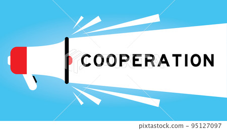 Color megaphone icon with word cooperation in white banner on blue background Color megaphone icon with word cooperation in white banner on blue background 95127097