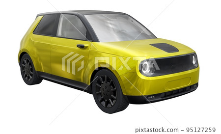 Compact urban electric car with a cute design and advanced technologies of the future on a white background. 3d illustration. Compact urban electric car with a cute design and advanced technologies of the future on a white background. 3d illustration. 95127259