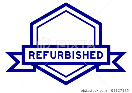 Vintage blue color hexagon label banner with word refurbished on white background 95127385