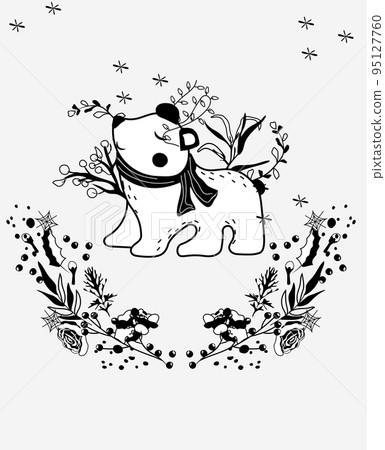 Magical winter, Black and white a cute polar bear in a scarf, winter wreath, leaves, garland. Scandinavian animal. Perfect for greeting cards, posters, flyers, banners. Vector. Magical winter, Black and white a cute polar bear in a scarf, winter wreath, leaves, garland. Scandinavian animal. Perfect for greeting cards, posters, flyers, banners. Vector. 95127760