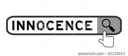 Search banner in word innocence with hand over magnifier icon on white background 95128013