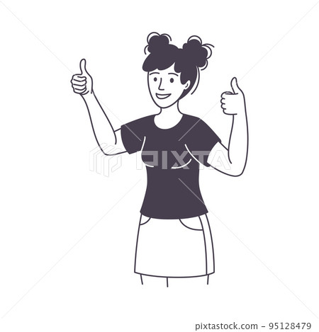 Woman Character Showing Thumb Up as Positive Hand Gesture Outline Vector Illustration Woman Character Showing Thumb Up as Positive Hand Gesture Outline Vector Illustration 95128479