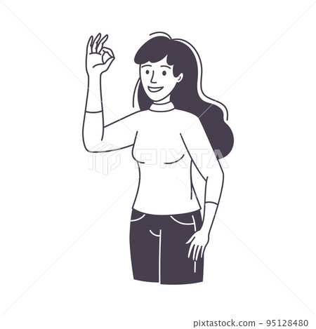 Woman Character Showing Ok Positive Hand Gesture Outline Vector Illustration Woman Character Showing Ok Positive Hand Gesture Outline Vector Illustration 95128480