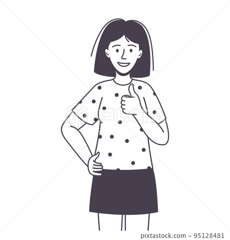Woman Character Showing Thumb Up as Positive Hand Gesture Outline Vector Illustration 95128481