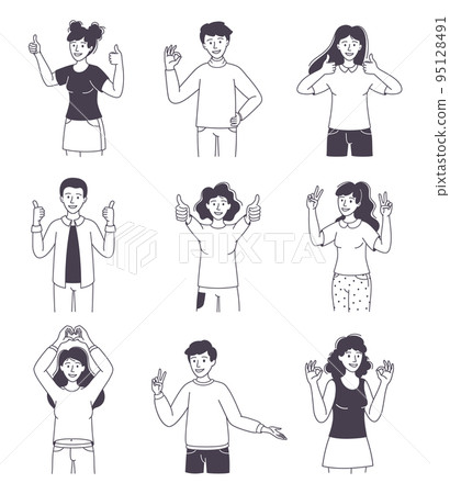 People Character Showing Positive Hand Gesture Demonstrating Emotion Outline Vector Set 95128491