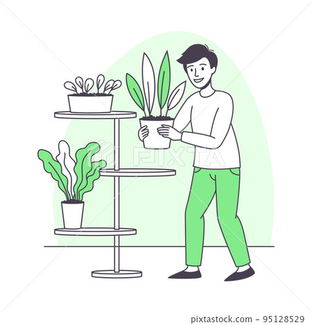 Man Character Putting Plant with Pot on Shelf Growing and Cultivating Greenery Outline Vector Illustration Man Character Putting Plant with Pot on Shelf Growing and Cultivating Greenery Outline Vector Illustration 95128529