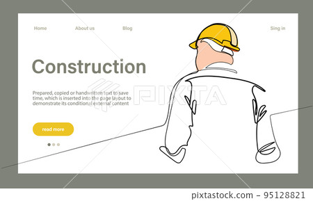 Vector landing page of architecture works with protective face masks for safety in machine industrial factory. Continuous one line drawing for your minimal design 95128821