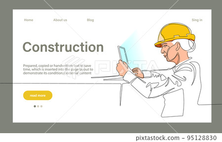 Vector landing page of architecture works with protective face masks for safety in machine industrial factory. Continuous one line drawing for your minimal design Vector landing page of architecture works with protective face masks for safety in machine industrial factory. Continuous one line drawing for your minimal design 95128830