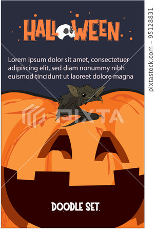 Happy Halloween banner or party invitation background with night clouds and pumpkins. Vector illustration. Full moon in the sky, spiders web and flying bats. Place for text Happy Halloween banner or party invitation background with night clouds and pumpkins. Vector illustration. Full moon in the sky, spiders web and flying bats. Place for text 95128831