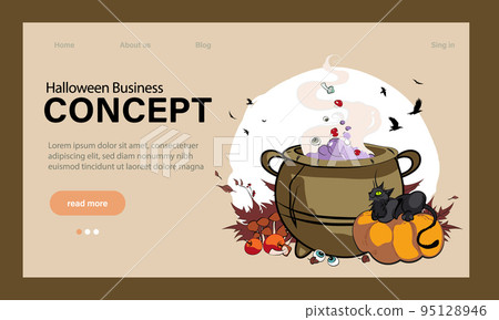 Happy Halloween Party Website Design. Landing Page Template with Symbols of Halloween Celebration. Flat Cartoon Vector Invitation Illustration for Website Page. Vector illustration Happy Halloween Party Website Design. Landing Page Template with Symbols of Halloween Celebration. Flat Cartoon Vector Invitation Illustration for Website Page. Vector illustration 95128946
