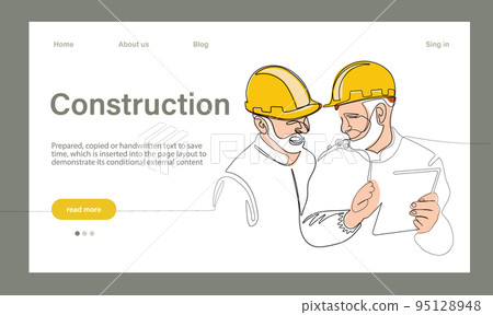Vector landing page of architecture works with protective face masks for safety in machine industrial factory. Continuous one line drawing for your minimal design Vector landing page of architecture works with protective face masks for safety in machine industrial factory. Continuous one line drawing for your minimal design 95128948