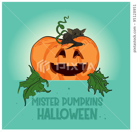 Happy Halloween banner or party invitation background with night clouds and pumpkins. Vector illustration. Full moon in the sky, spiders web and flying bats. Place for text Happy Halloween banner or party invitation background with night clouds and pumpkins. Vector illustration. Full moon in the sky, spiders web and flying bats. Place for text 95128951