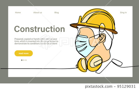 Vector landing page of architecture works with protective face masks for safety in machine industrial factory. Continuous one line drawing for your minimal design Vector landing page of architecture works with protective face masks for safety in machine industrial factory. Continuous one line drawing for your minimal design 95129031