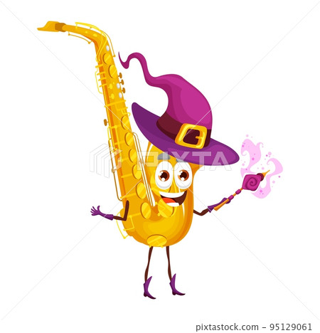 Cartoon saxophone wizard character with magic wand. Sax fantasy musical wind instrument wear witch hat. Isolated vector horn woodwind music pipe personage for music school education Cartoon saxophone wizard character with magic wand. Sax fantasy musical wind instrument wear witch hat. Isolated vector horn woodwind music pipe personage for music school education 95129061