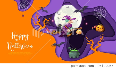 Halloween paper cut flying witch character, cartoon black cat on broomstick, pumpkins and moon, boiling in cauldron magic potion, bats and cobweb. Happy Halloween papercut vector background, banner 95129067