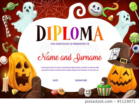 Kids diploma. Cartoon Halloween pumpkins, candies and cobweb. Children education achievement certificate, school graduation vector diploma with Halloween sweets, ghosts characters and Jack o lanterns 95129071