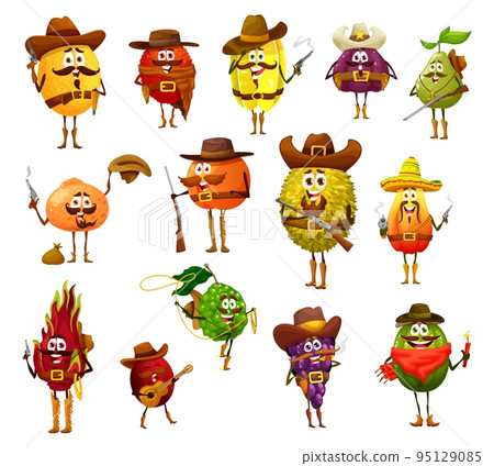 Cartoon cowboy robber, sheriff, ranger and bandit fruit characters. Vector melon, lychee, carambola and figs, pear, mandarin, peach and durian, guava, dragon fruit and bergamot or plum, grape, feijoa Cartoon cowboy robber, sheriff, ranger and bandit fruit characters. Vector melon, lychee, carambola and figs, pear, mandarin, peach and durian, guava, dragon fruit and bergamot or plum, grape, feijoa 95129085