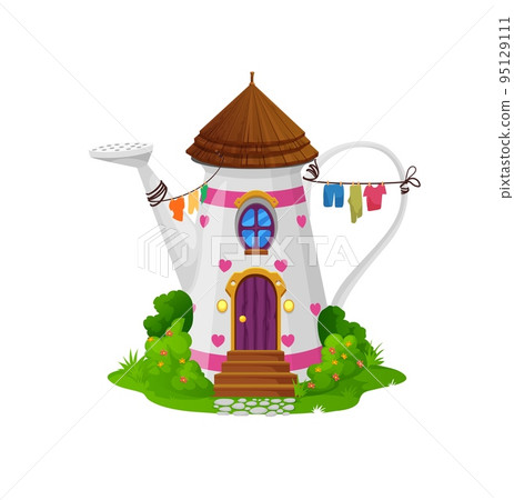 Cartoon watering can fairytale building or elf dwelling. Vector fairy tale fantasy house in garden tool, home for gnome or elf with hearts, round window, drying clothes on rope, wooden door on field Cartoon watering can fairytale building or elf dwelling. Vector fairy tale fantasy house in garden tool, home for gnome or elf with hearts, round window, drying clothes on rope, wooden door on field 95129111