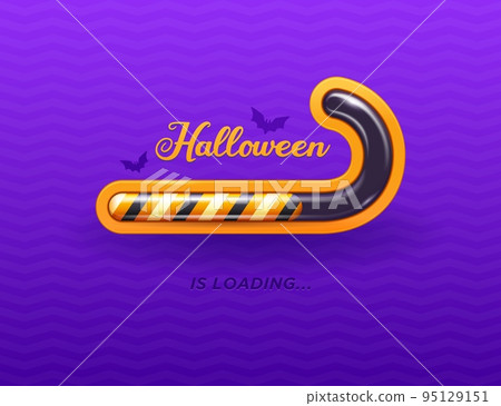 Halloween loading holiday banner with cartoon peppermint candy cane treat dessert loading progress bar or indicator, flying bats silhouettes. Halloween celebration vector background or wallpaper 95129151