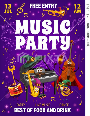 Music party flyer, mage and wizard musical instrument characters, vector sound music waves. Kids party flyer with cartoon music instrument piano wizard, trumpet mage and drum sorcerer with magic wand Music party flyer, mage and wizard musical instrument characters, vector sound music waves. Kids party flyer with cartoon music instrument piano wizard, trumpet mage and drum sorcerer with magic wand 95129191