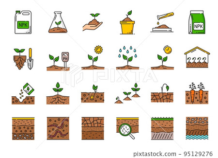 Color ground soil, agriculture and agronomy line icons, vector organic plant seedling. Garden seeds grow in earth, eco farm land and ground soil cultivation, farming and agrarian linear icons 95129276