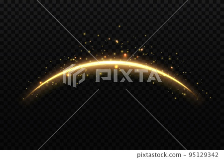 Golden magic arch with sparkles. Firework flash, energy flare arch realistic backdrop, golden magic light ray vector trace. Star shine wave or line realistic background with glowing sparkle, particles 95129342