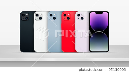 Modern smartphones of different colors standing on the table, white background - Vector Modern smartphones of different colors standing on the table, white background - Vector 95130003