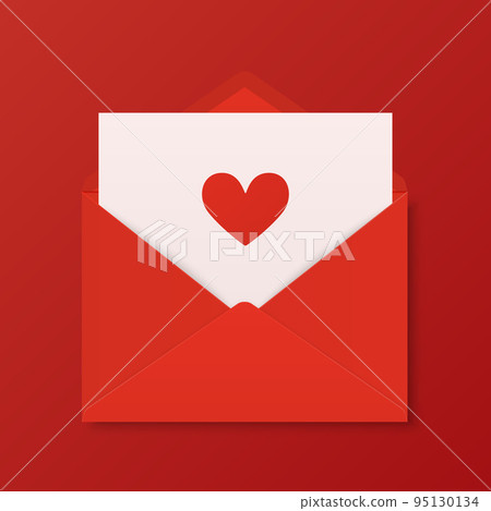 Vector 3d Realistic Opened Red Envelope on Red Background with Heart. Isolated Envelope with Paper Sheet Inside. Invitation, Message, Letter Template. Design Template for Valentine's Day Card, Banner Vector 3d Realistic Opened Red Envelope on Red Background with Heart. Isolated Envelope with Paper Sheet Inside. Invitation, Message, Letter Template. Design Template for Valentine's Day Card, Banner 95130134