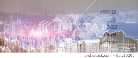 Double explosure with businesss charts and financial district of megapolis Double explosure with businesss charts and financial district of megapolis 95130205