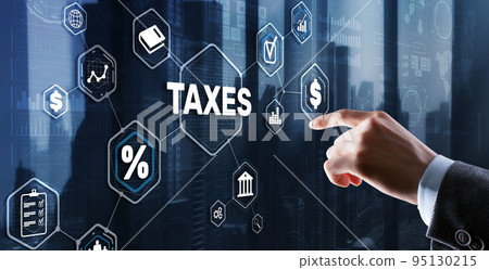 Concept of taxes paid by individuals and corporations such as VAT, income tax and property tax. Background for your business Concept of taxes paid by individuals and corporations such as VAT, income tax and property tax. Background for your business 95130215