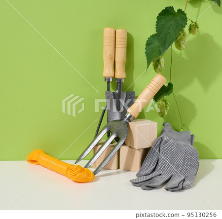 Garden tools for processing beds in the garden and textile gloves on a green background Garden tools for processing beds in the garden and textile gloves on a green background 95130256